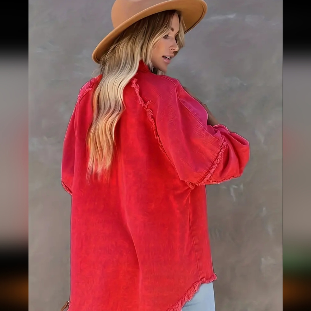 Women's Frayed Hem denim Jacket/ Red - Picture 3 of 4